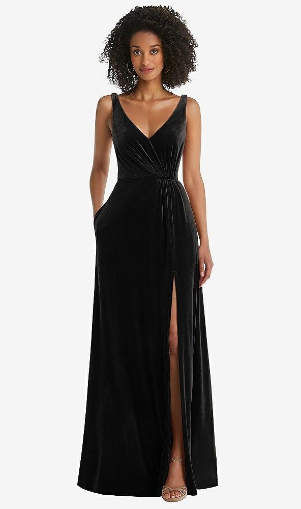 velvet maxi dress with shirred bodice and front slit