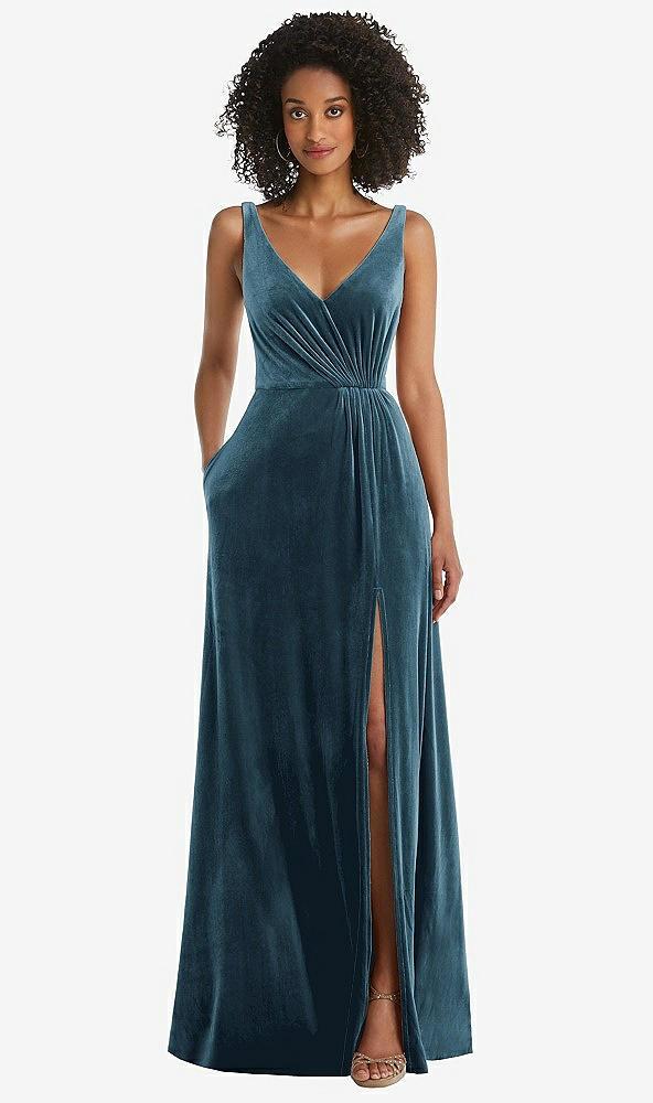 velvet maxi dress with shirred bodice and front slit