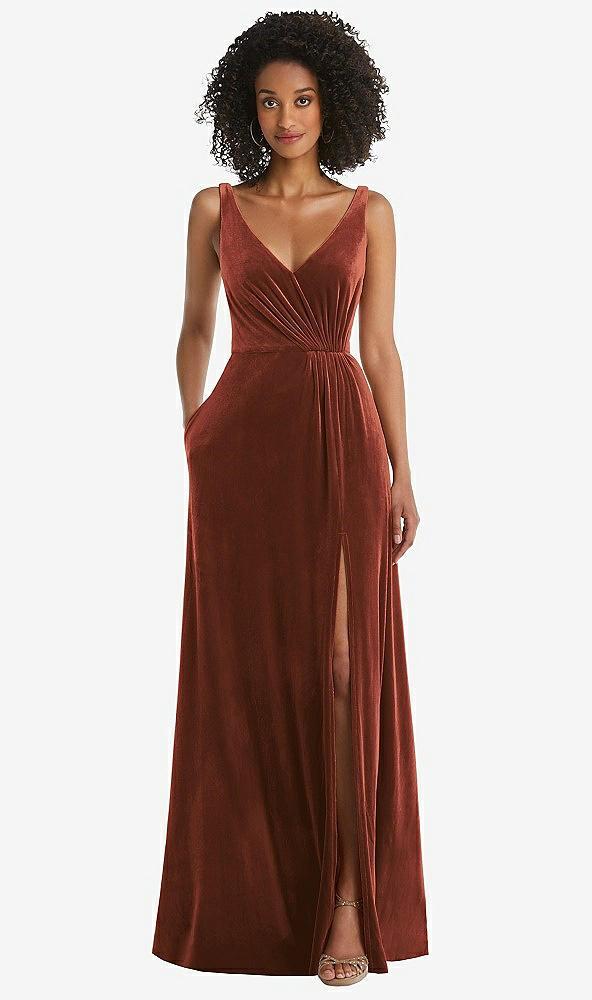 velvet maxi dress with shirred bodice and front slit