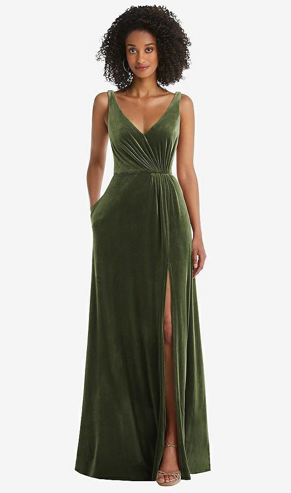 velvet maxi dress with shirred bodice and front slit