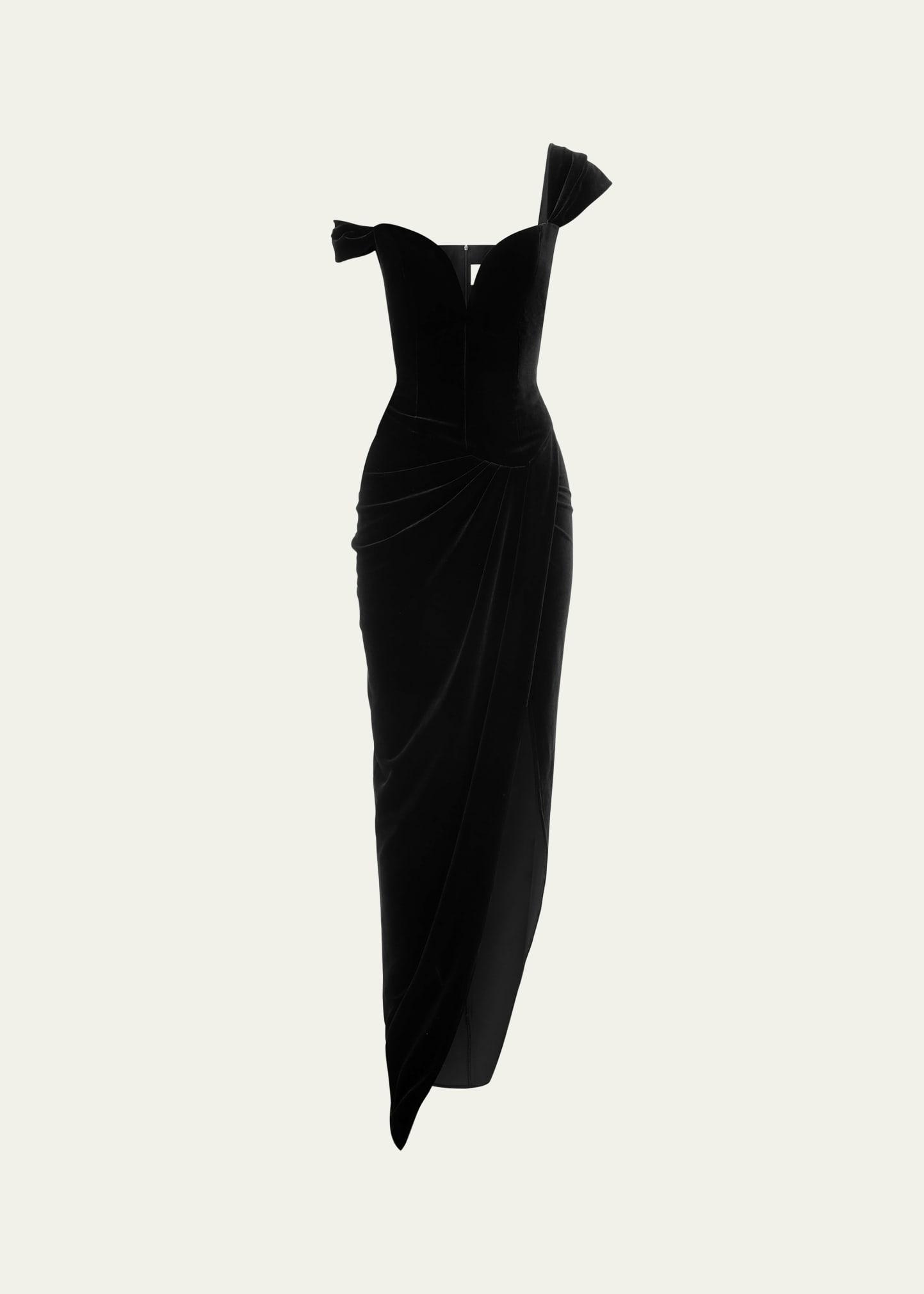 velvet off-shoulder corset drape front gown
