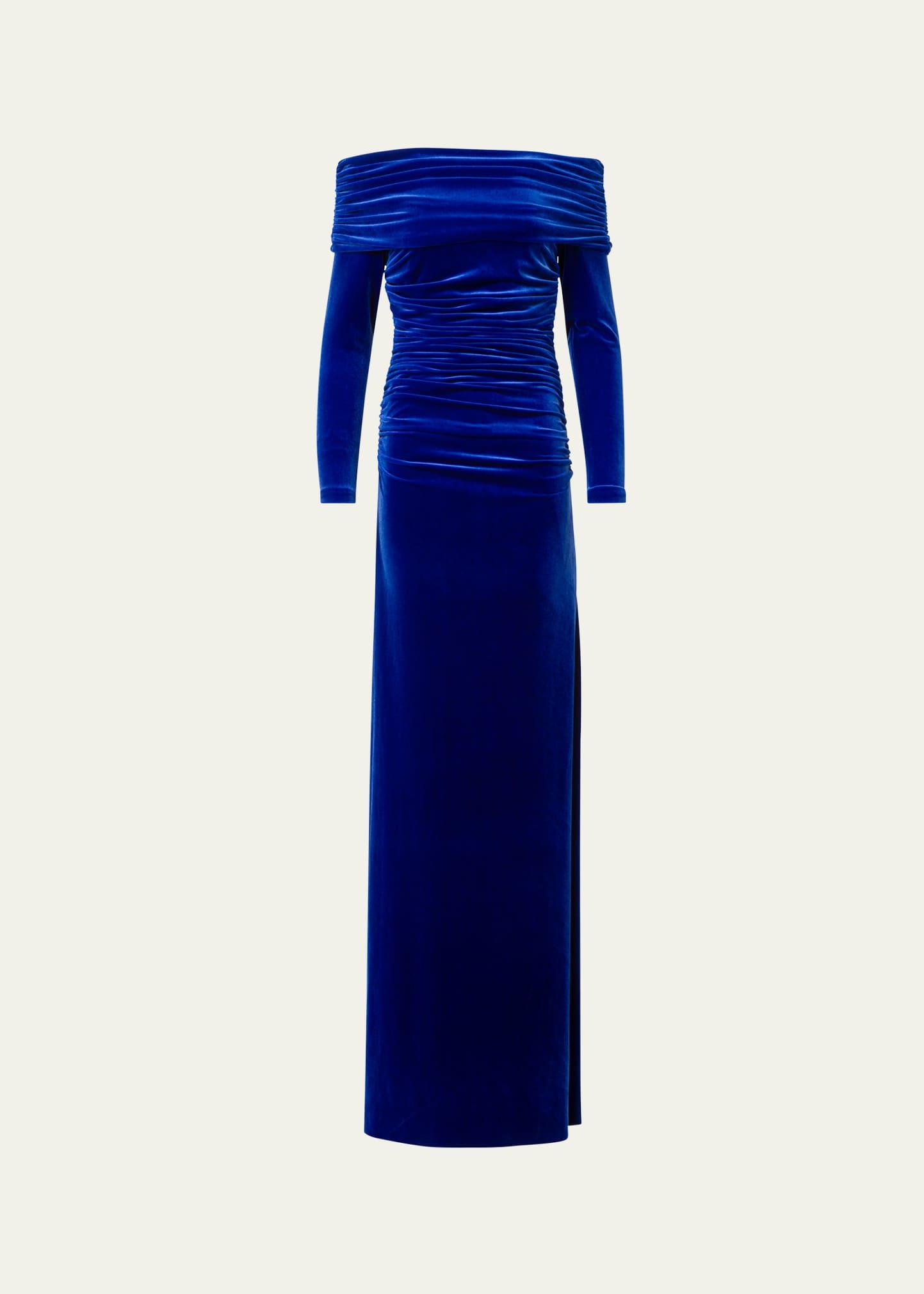 velvet off-the-shoulder draped gown