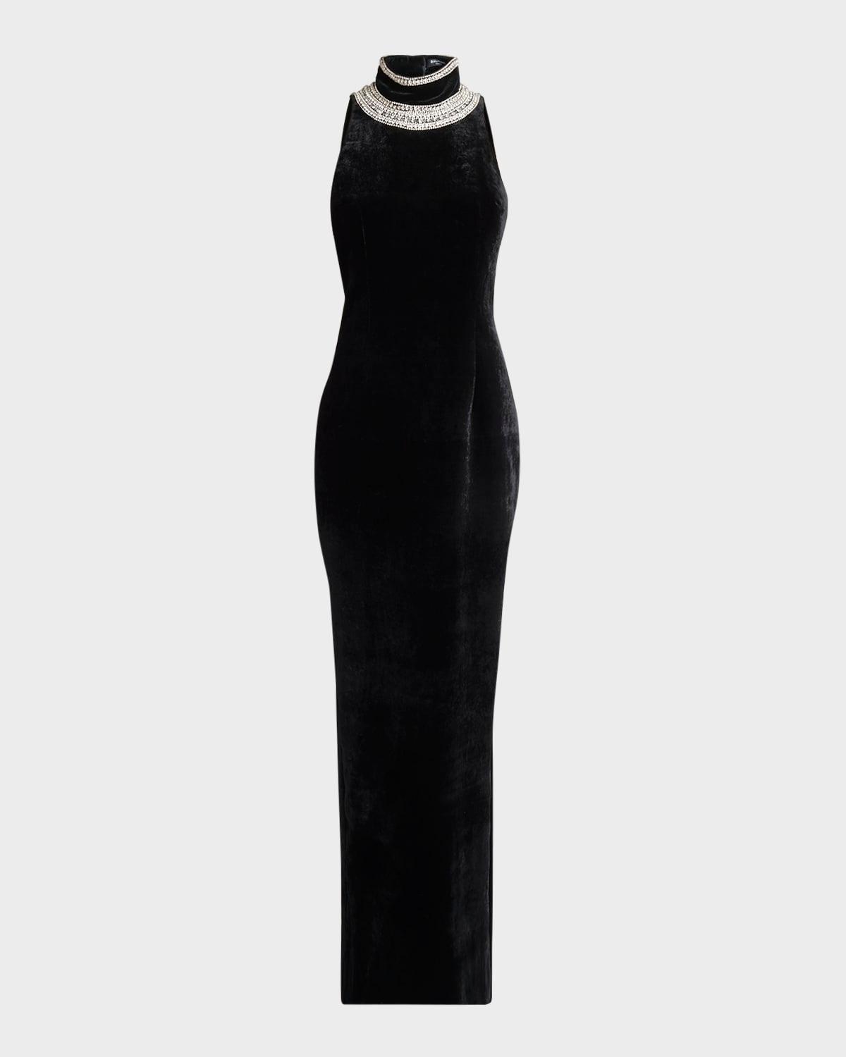 velvet open back gown with crystal embroidery