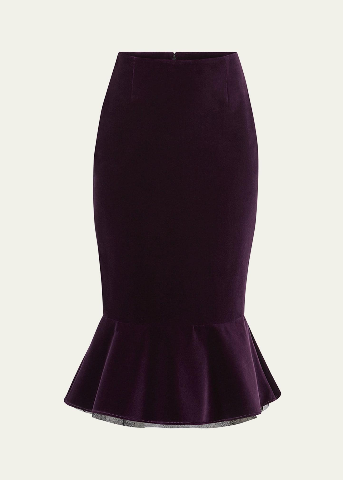 velvet ruffle midi skirt