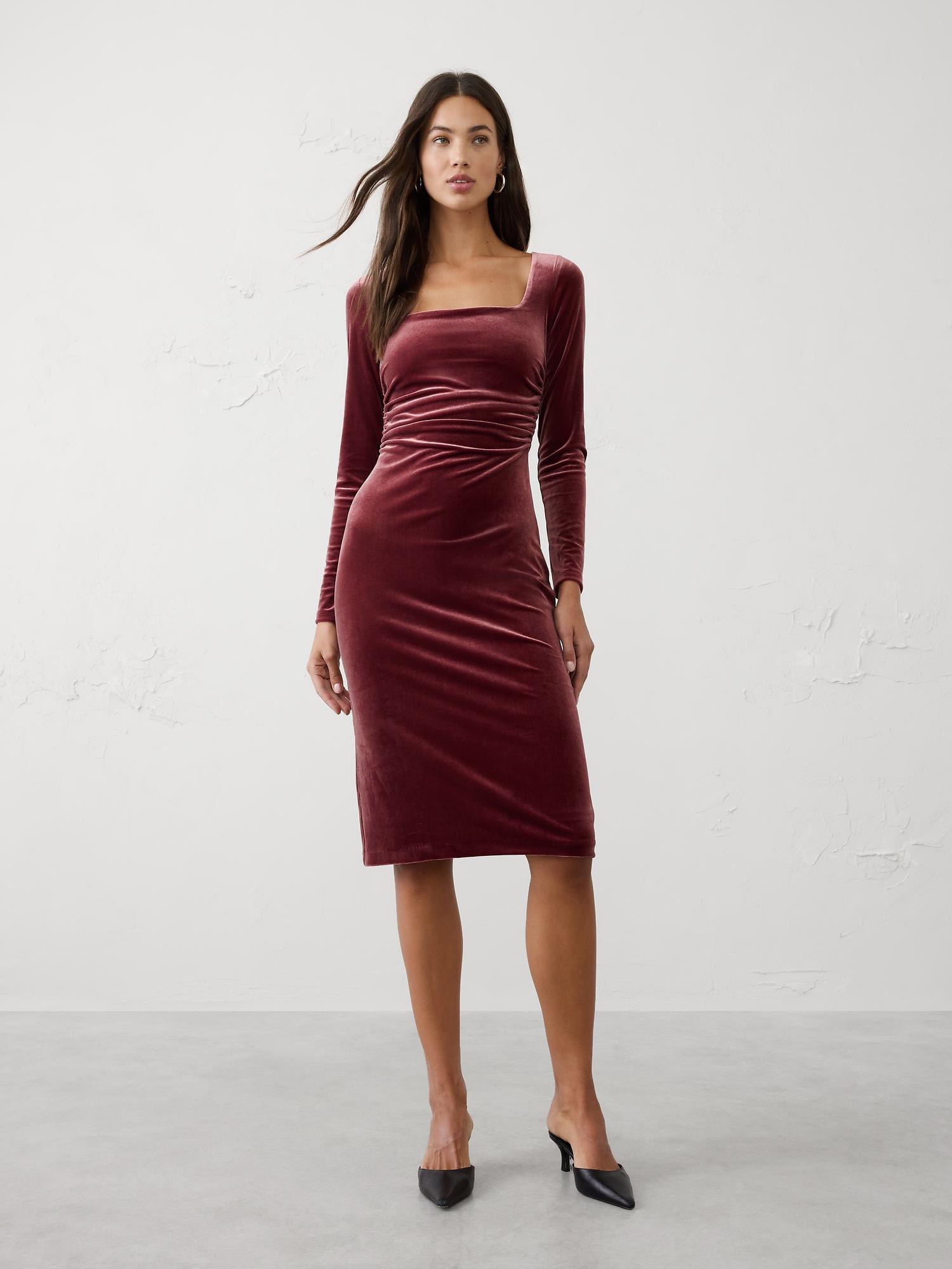 velvet shirred-waist knee-length dress