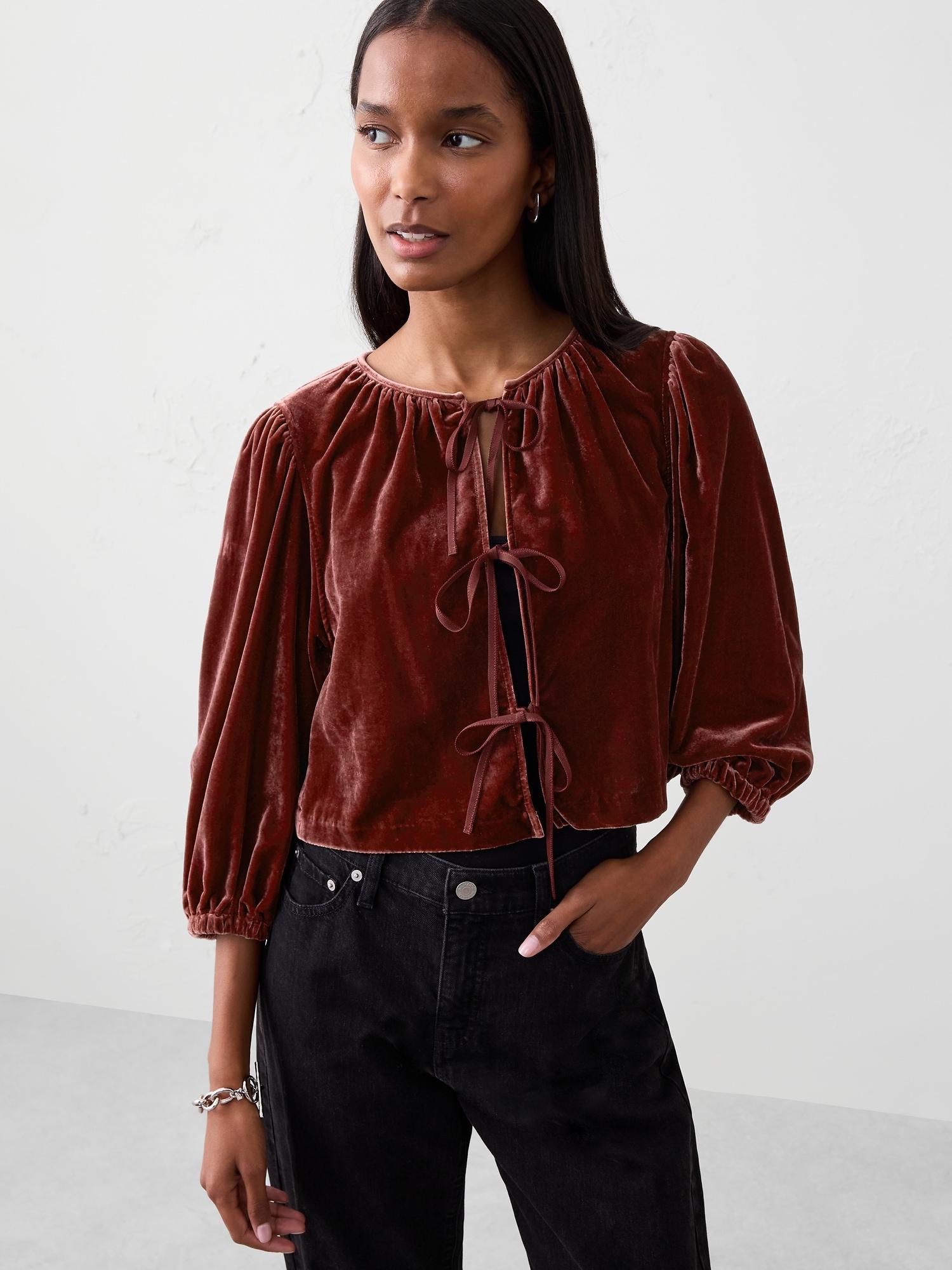 velvet tie-front top