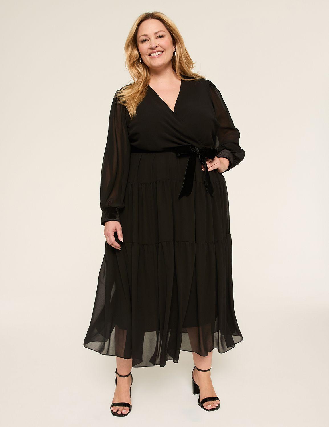 velvet-trim faux-wrap maxi dress