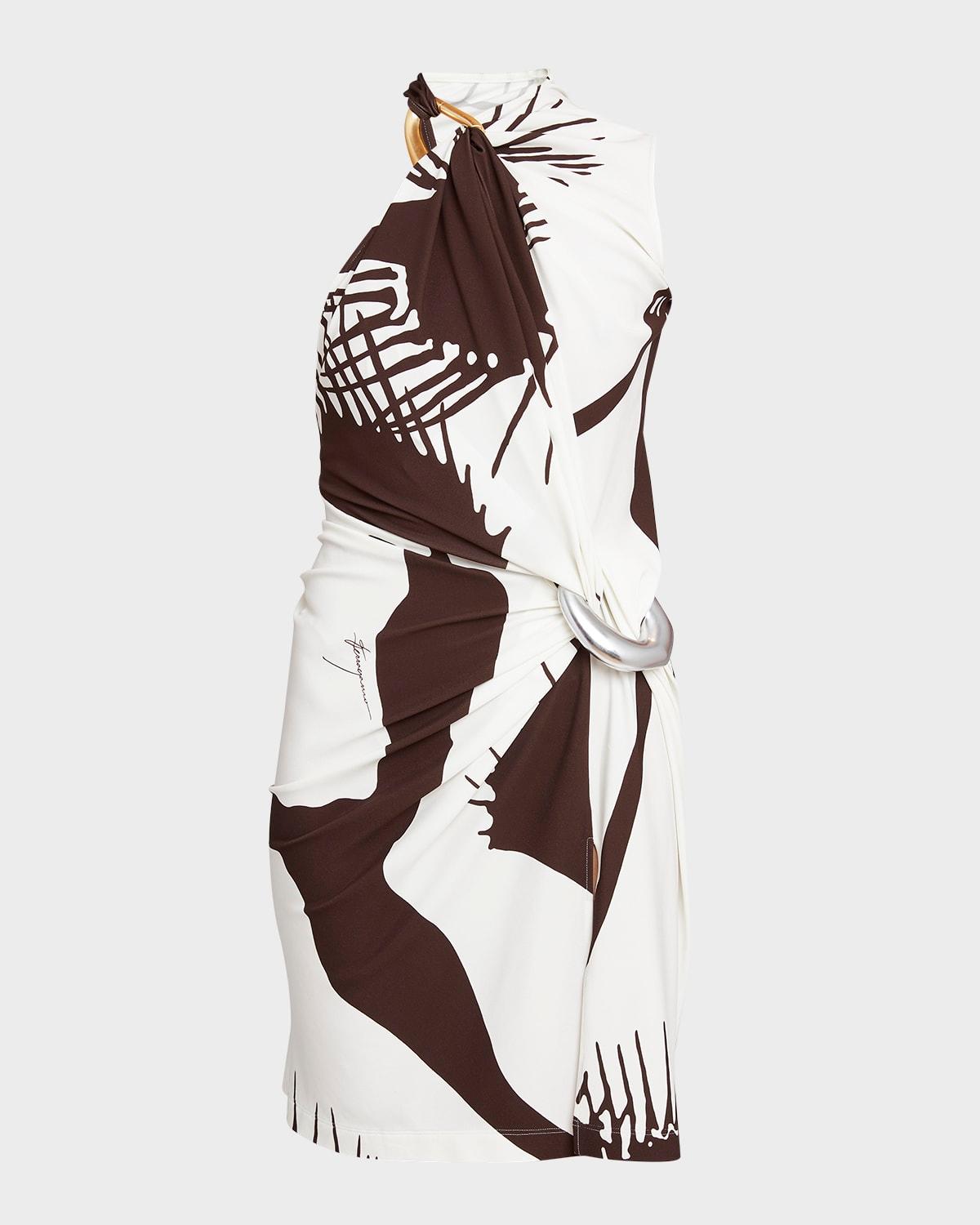 venus-print gathered-rings sleeveless jersey mini wrap dress