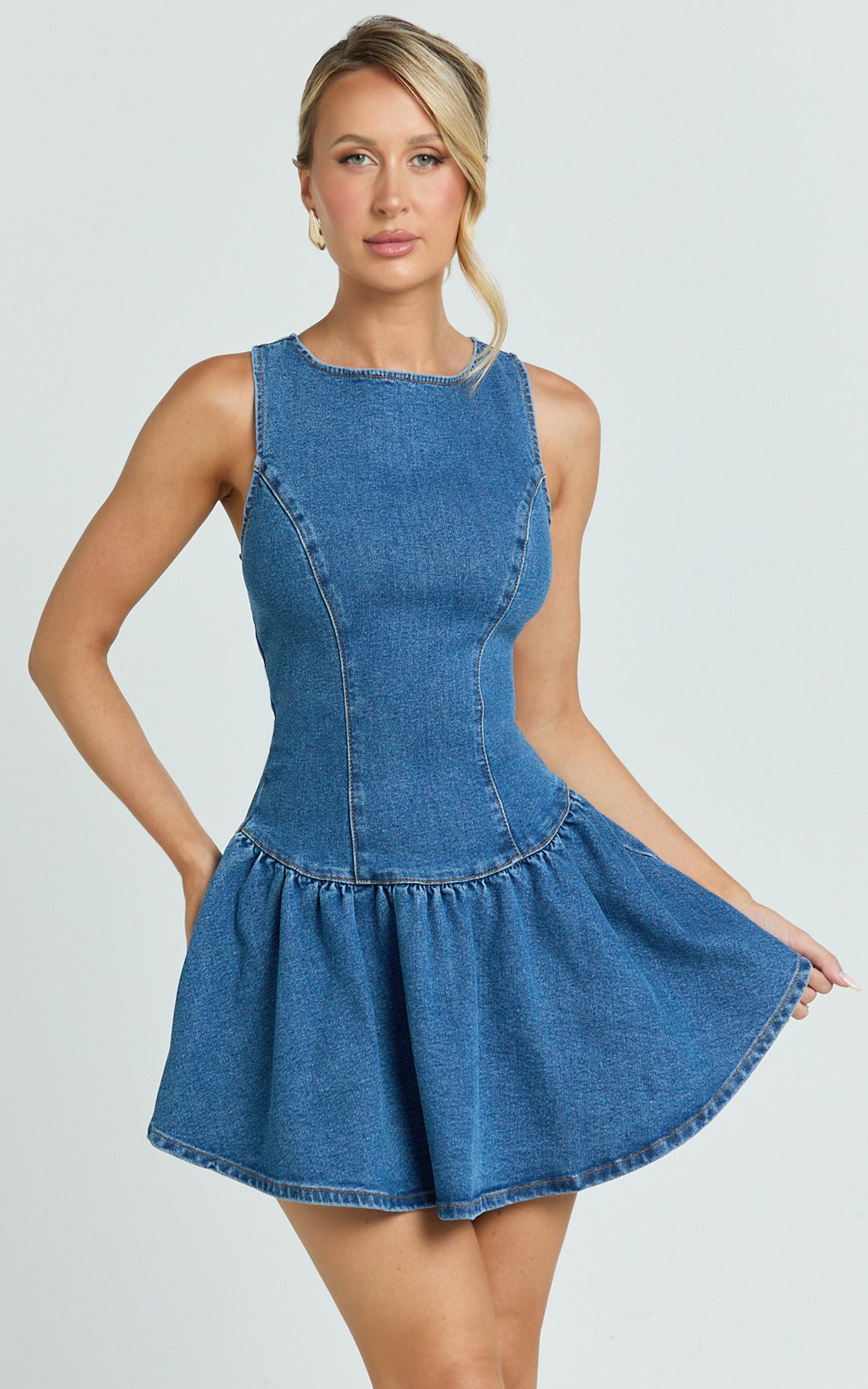 vera mini dress - boat neck drop waist fit and flare denim dress in mid blue wash