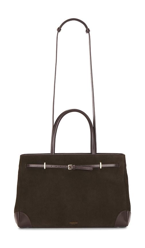 verafied suede book tote bag in brown.