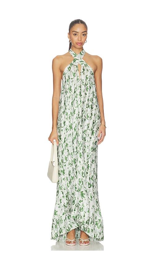 verandah cross front plisse gown in green,white.