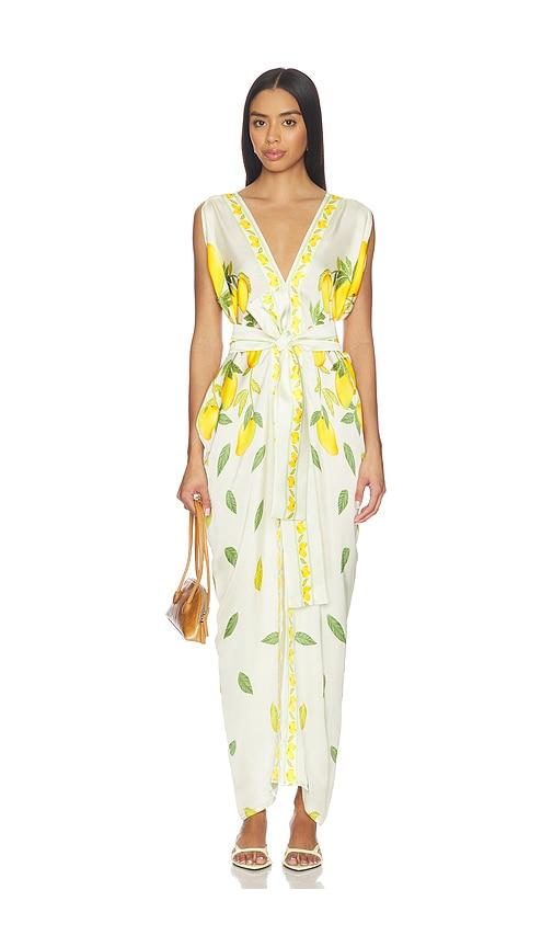 verandah dripping alphonso silk dress in white,yellow.