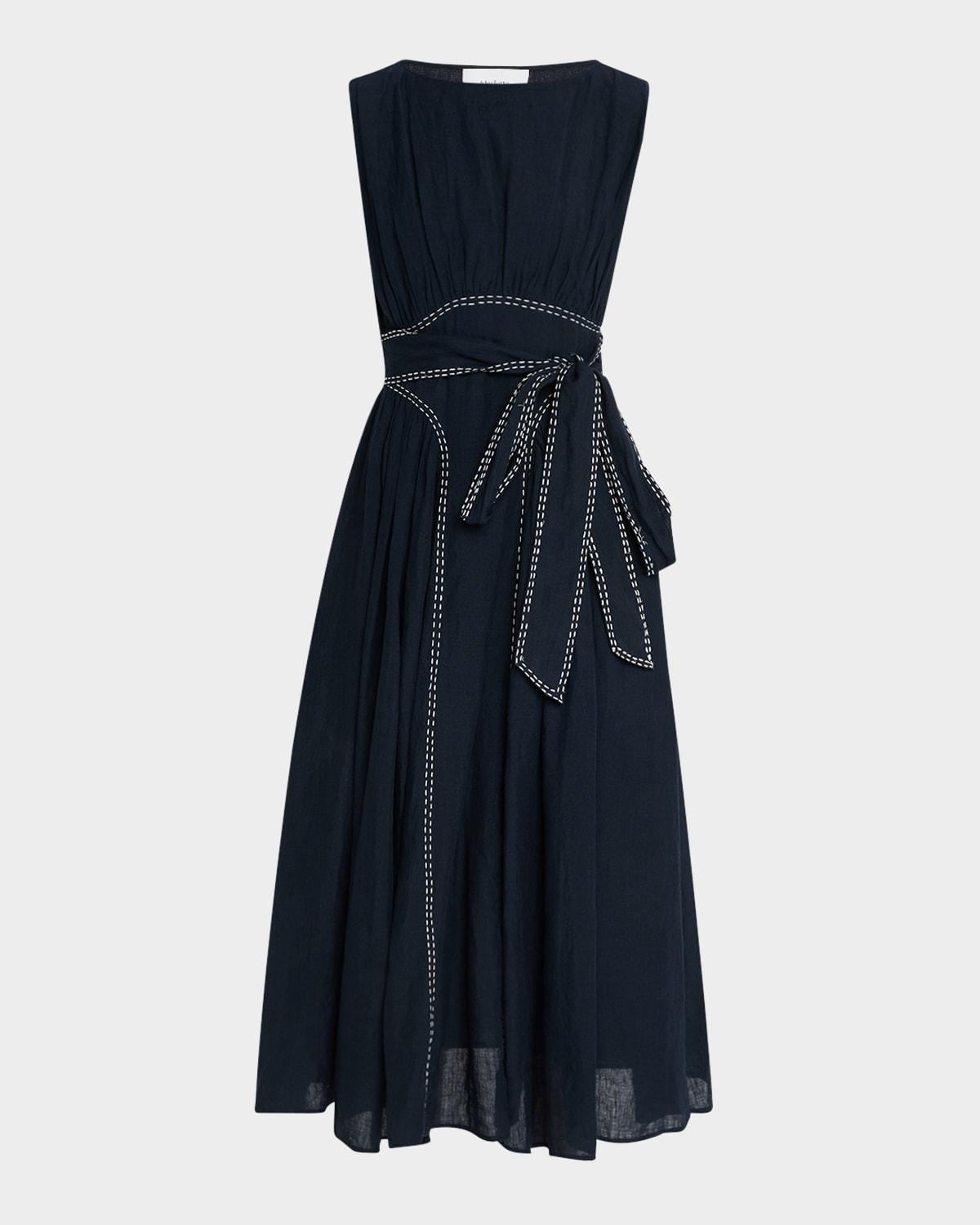 verena topstitched linen midi dress