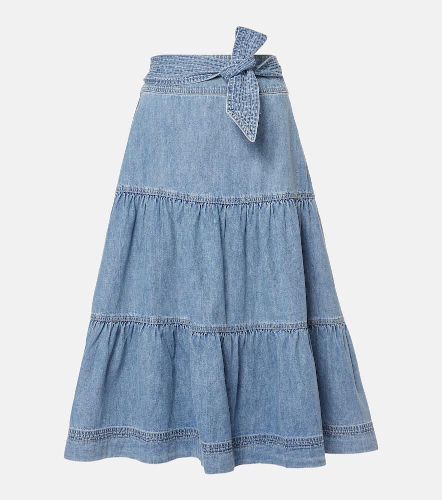 veronica beard armida tiered denim midi skirt