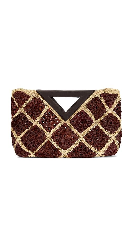veronica beard crochet raffia vesper bag in brown.