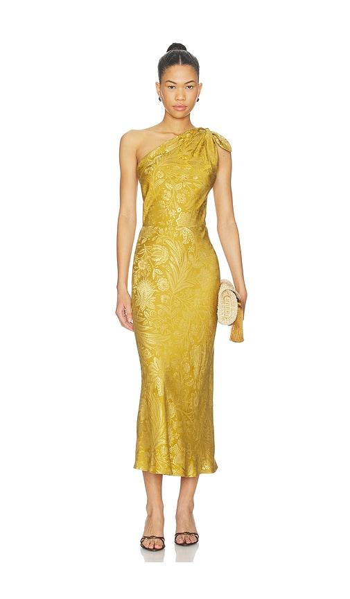 veronica beard grycen dress in metallic gold.