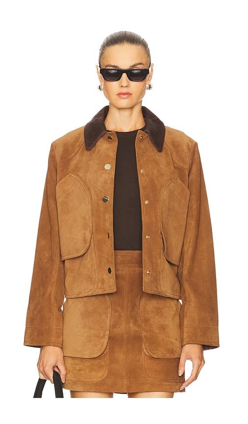 veronica beard walters cropped barn jacket in brown.