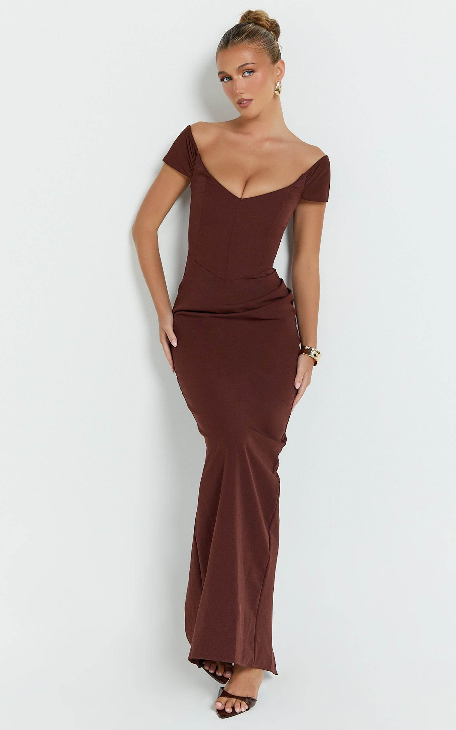 veronika maxi dress - off shoulder plunge high split dress in chocolate