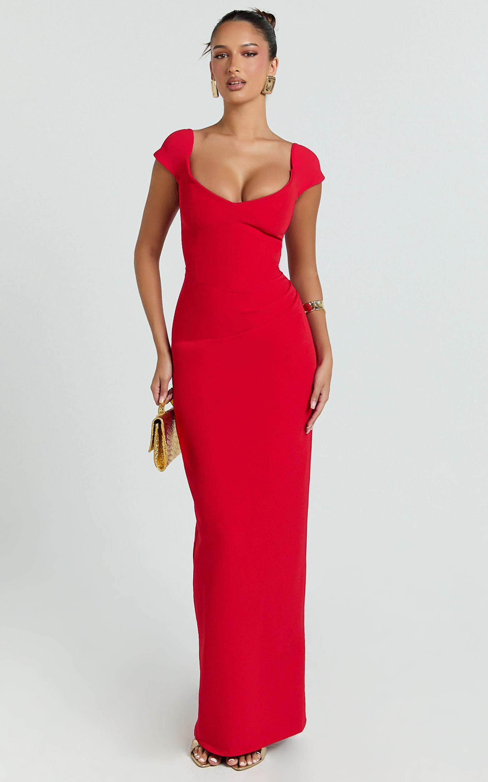 veronika maxi dress - off shoulder plunge high split dress in red