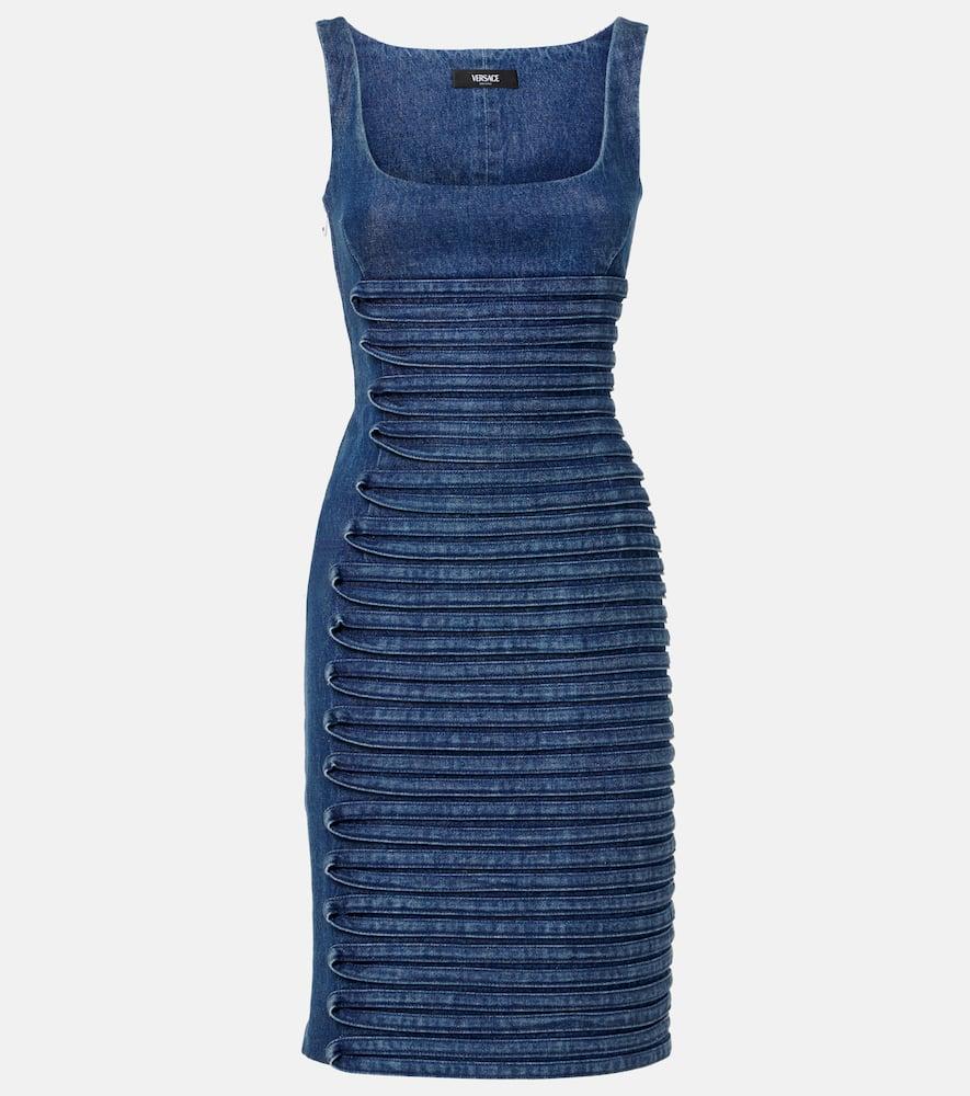 versace appliqué denim midi dress
