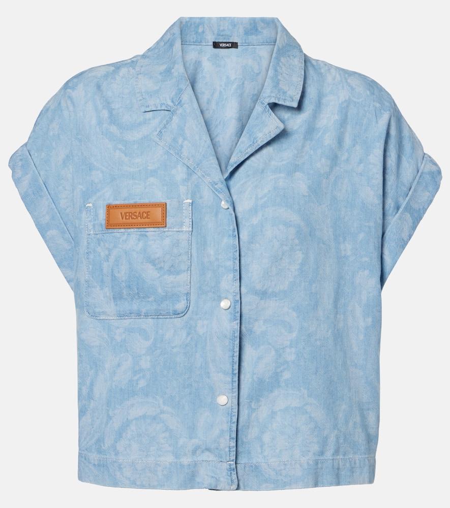 versace barocco cropped denim chambray shirt