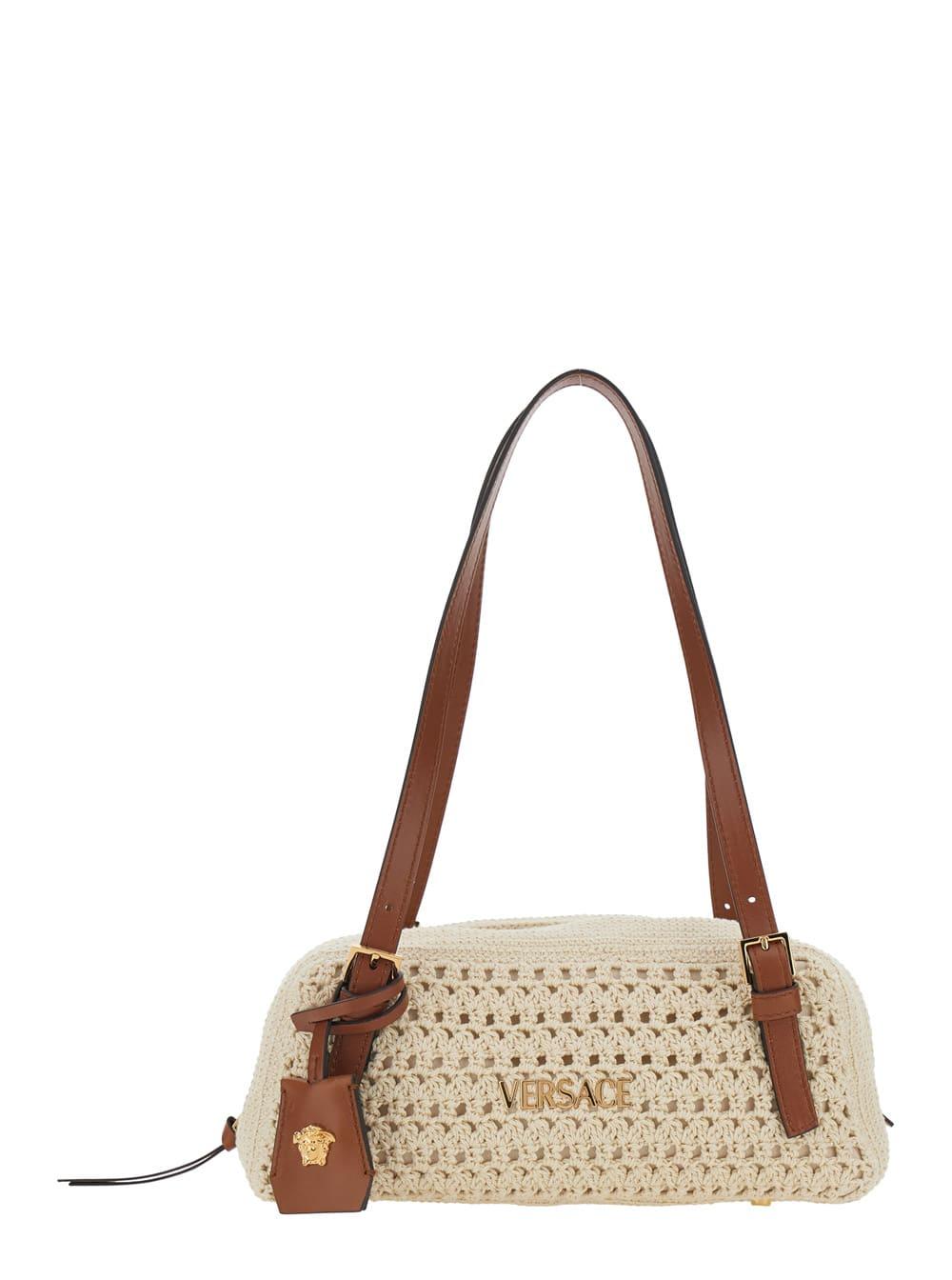 versace beige shoulder bag tag bowling with metallic lettering logo and raffia medusa head pendant for women