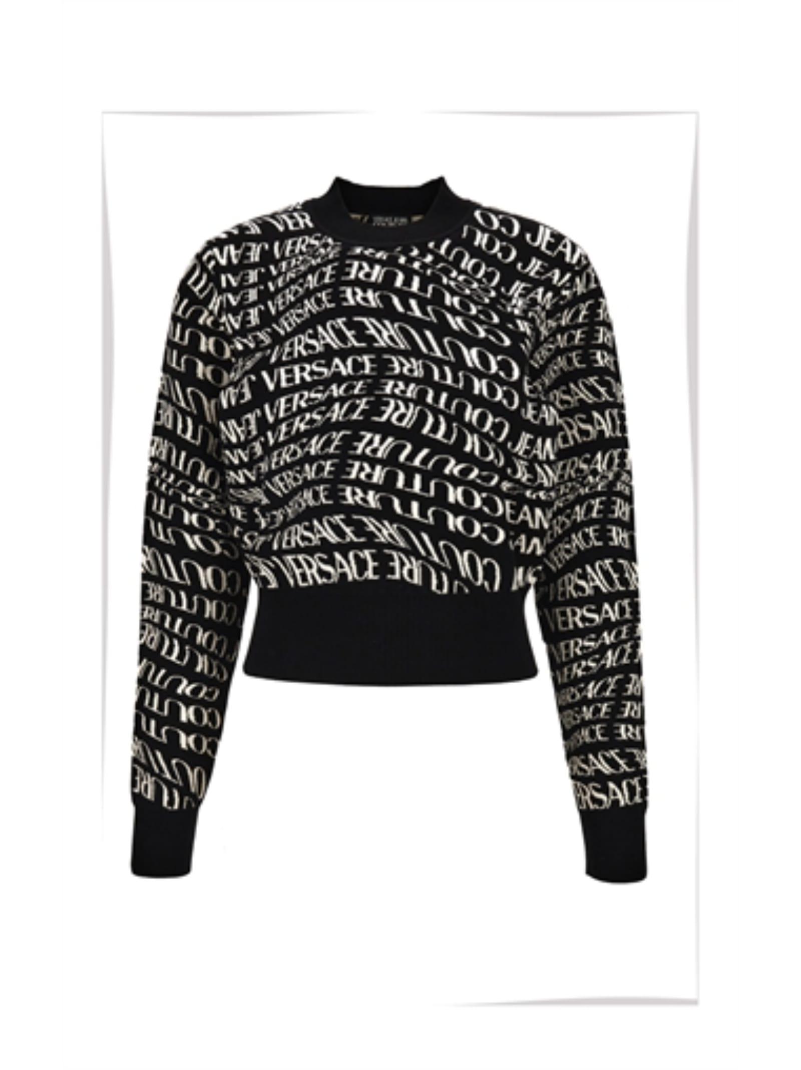 versace black cropped sweater with contrast logo pattern