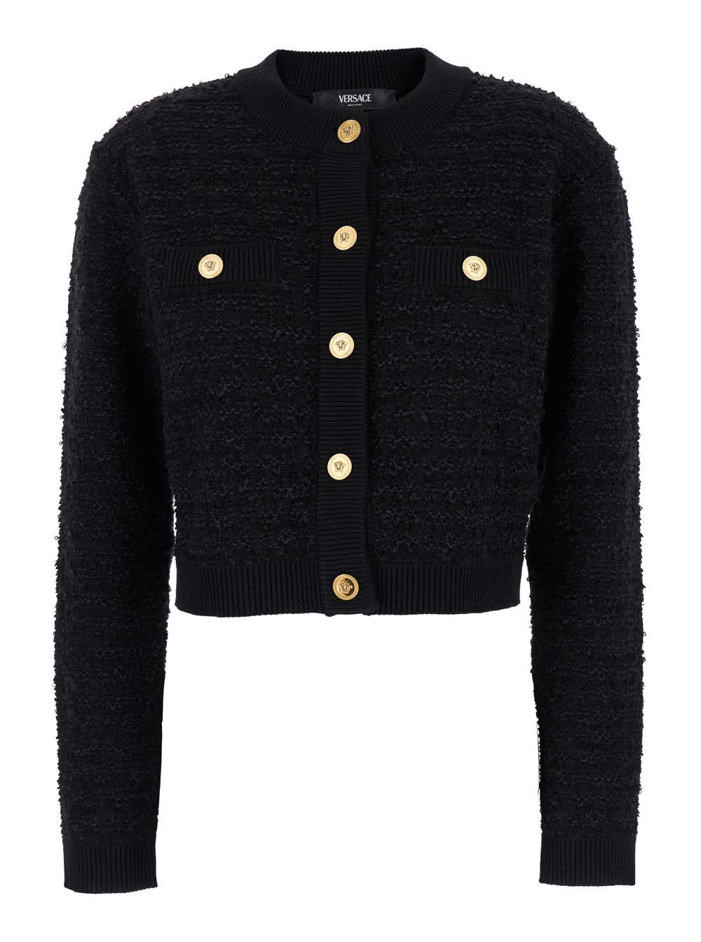 versace bouclè tweed cardigan with medusa buttons
