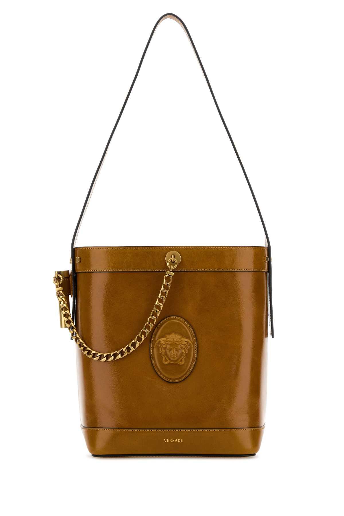 versace camel leather bucket bag