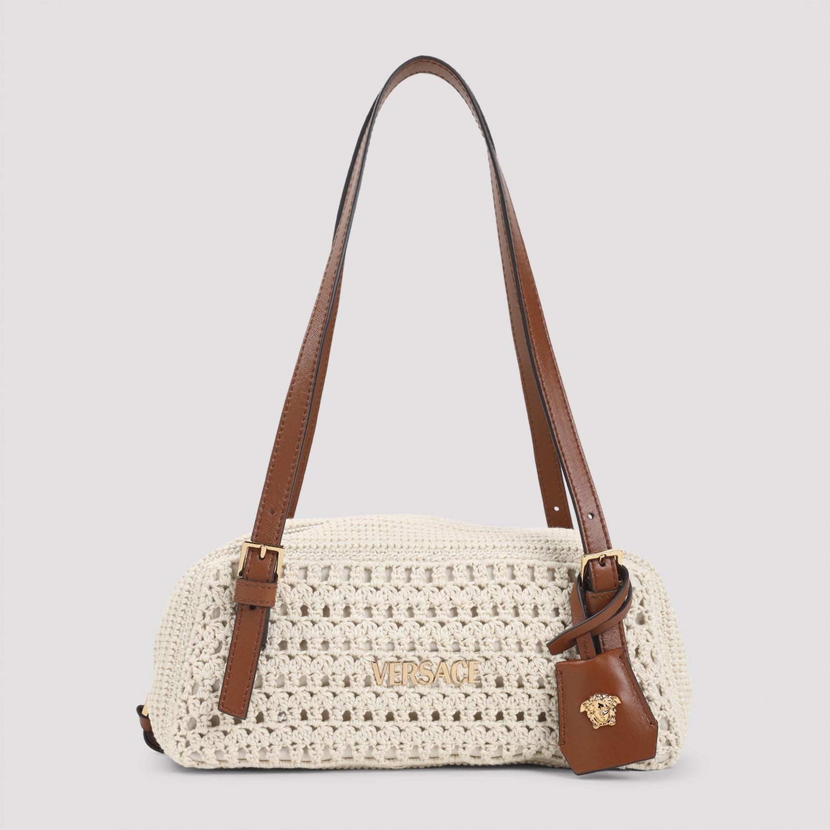 versace crochet shoulder bag nude & neutrals cotton calf leather - women