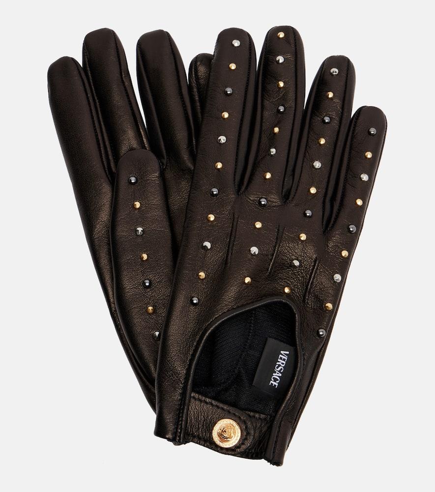 versace cutout studded leather gloves
