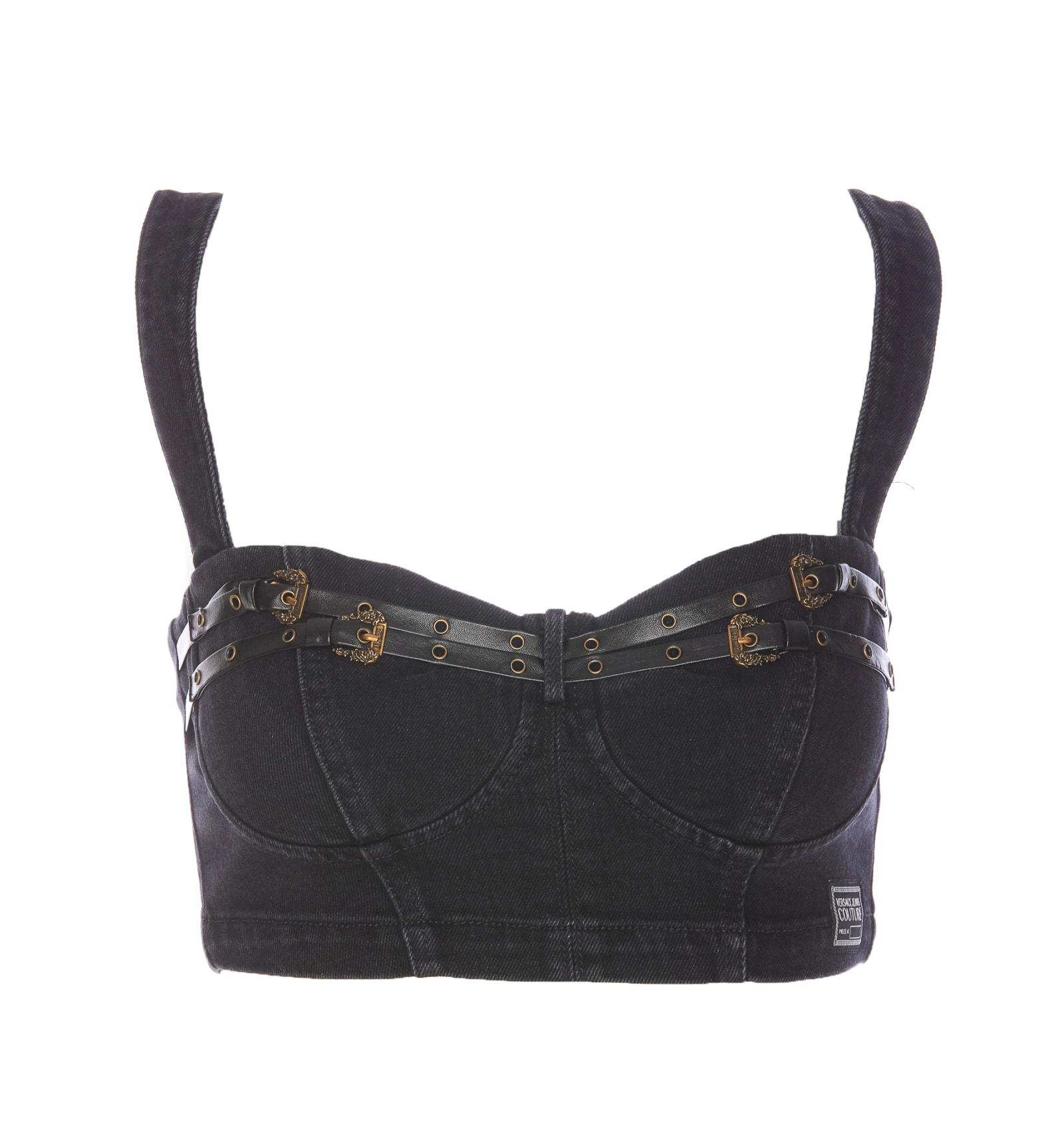 versace jeans couture baroque buckle denim top