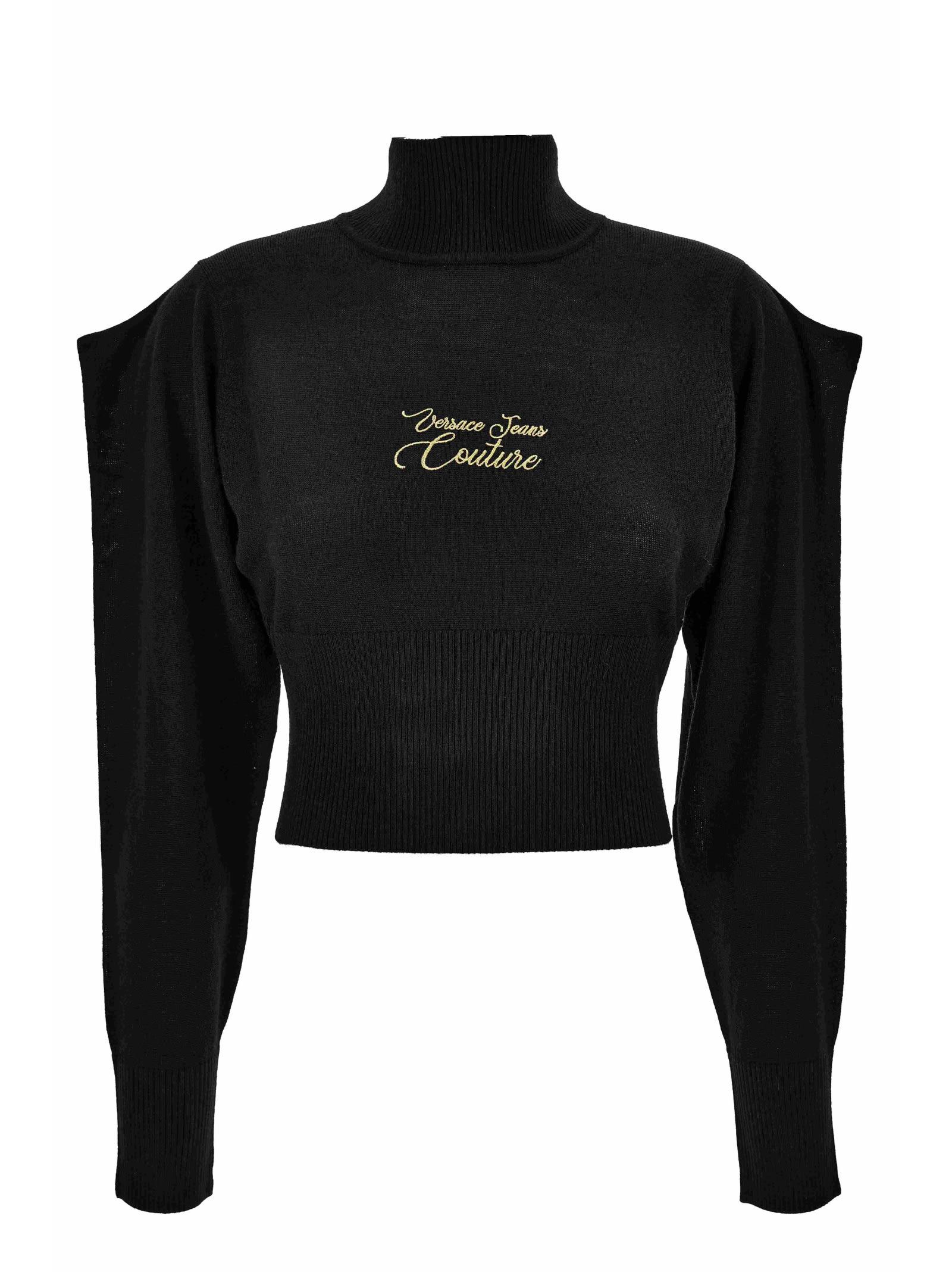 versace jeans couture black cropped sweater with embroidered logo