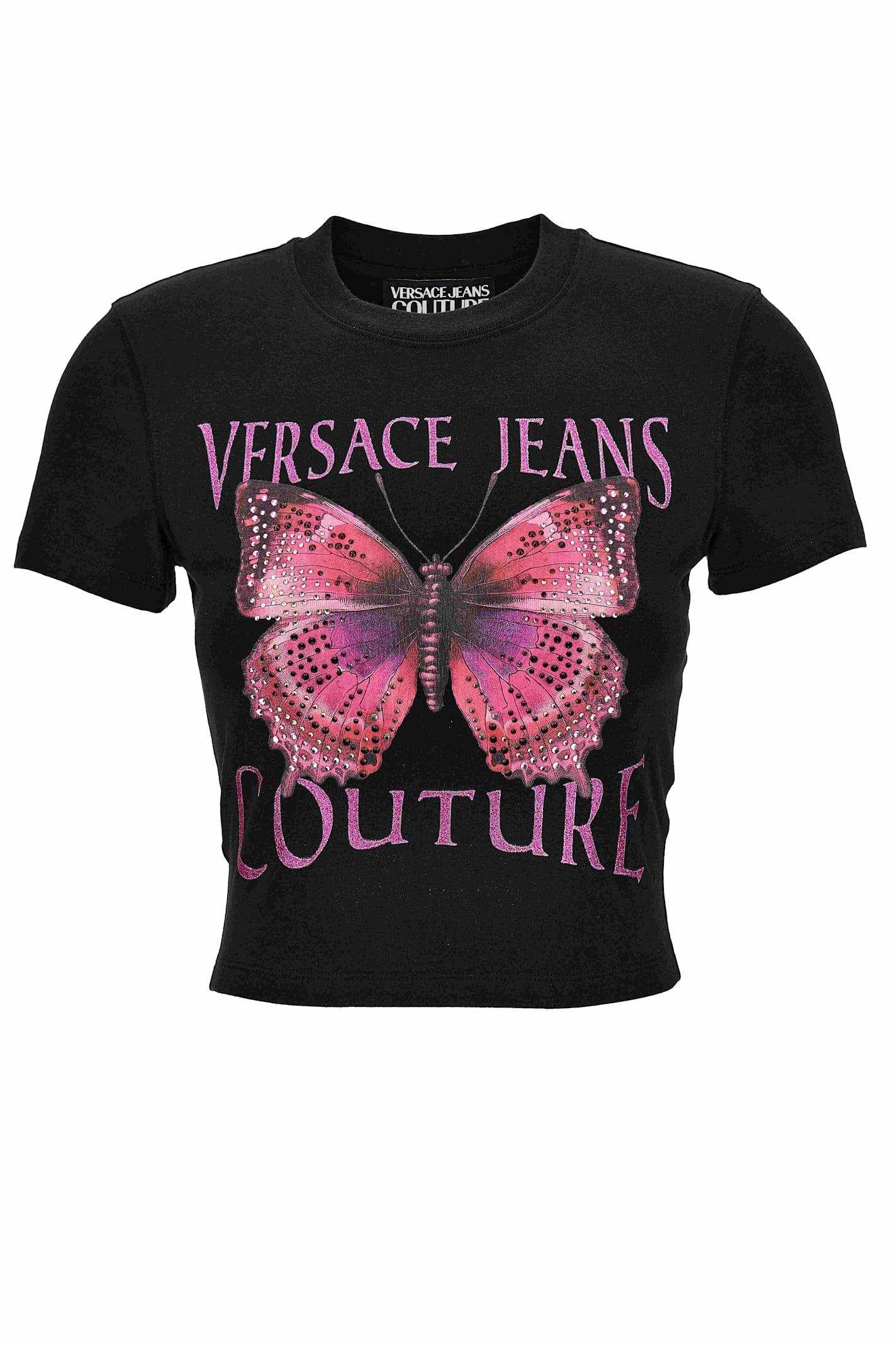 versace jeans couture black t-shirt with butterfly and glitter logo