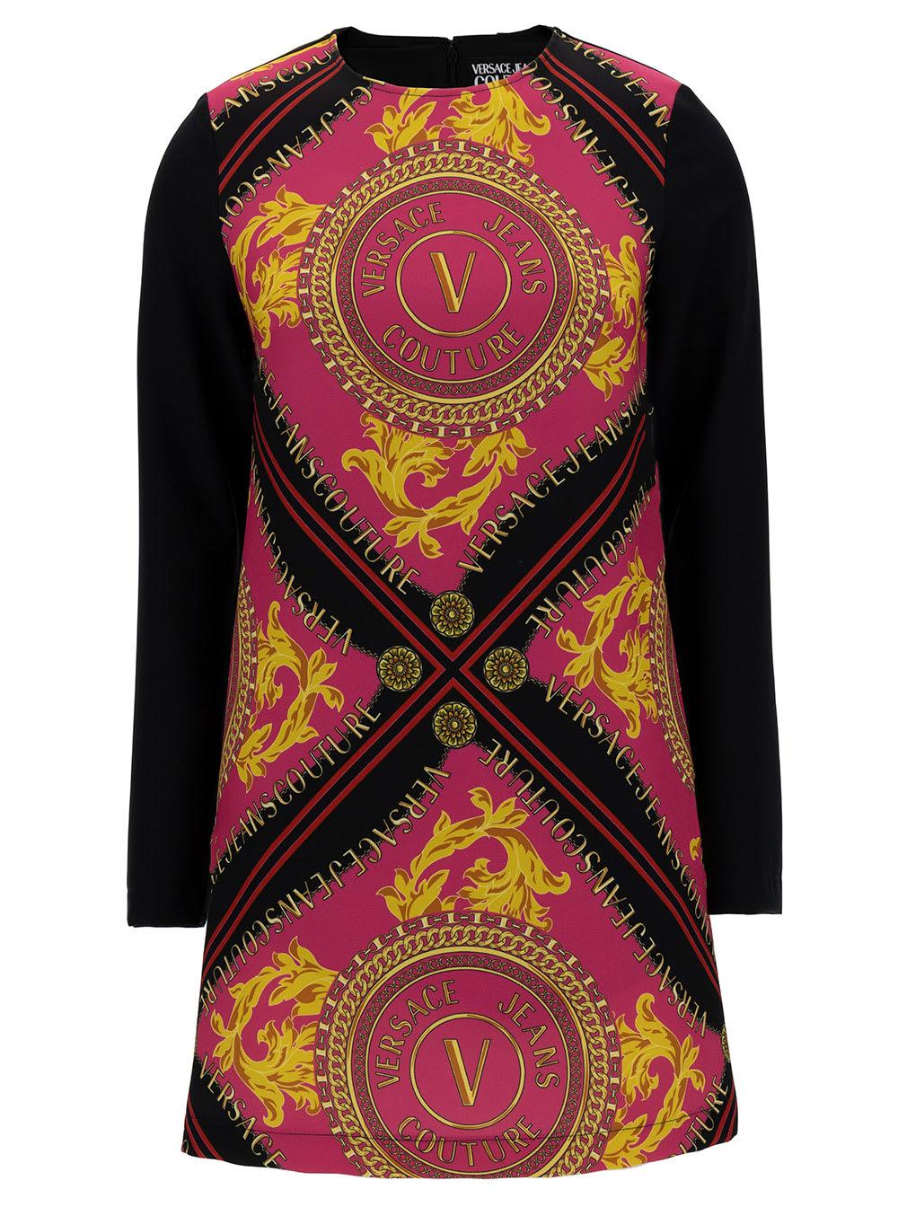 versace jeans couture mini multicolor dress with graphic print at the front in stretch fabric woman