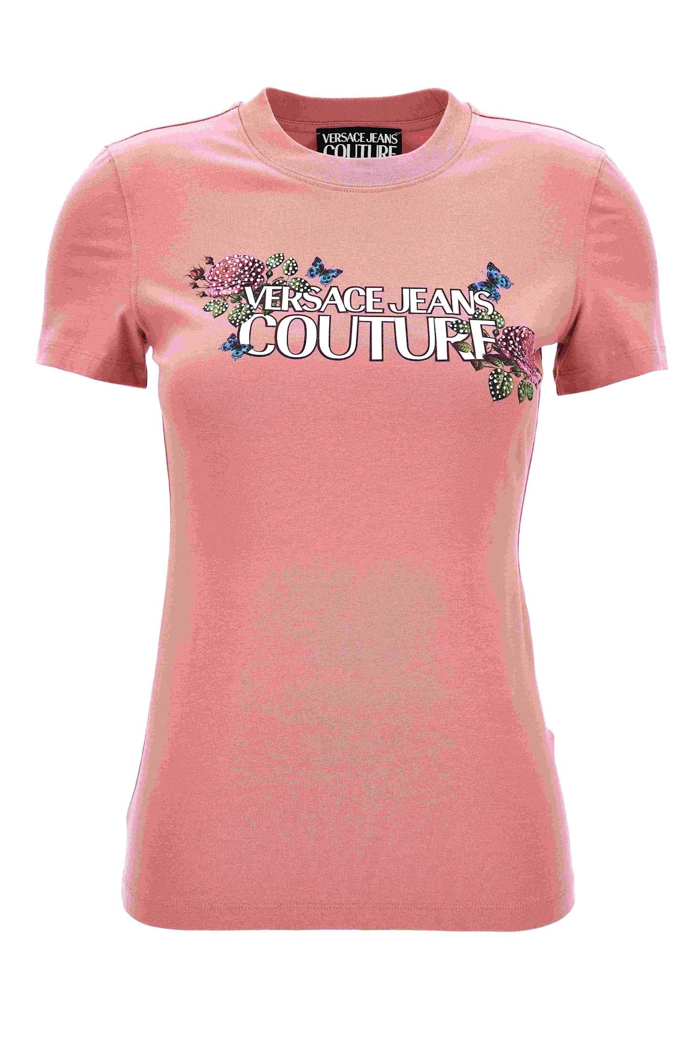 versace jeans couture pink t-shirt with logo and roses