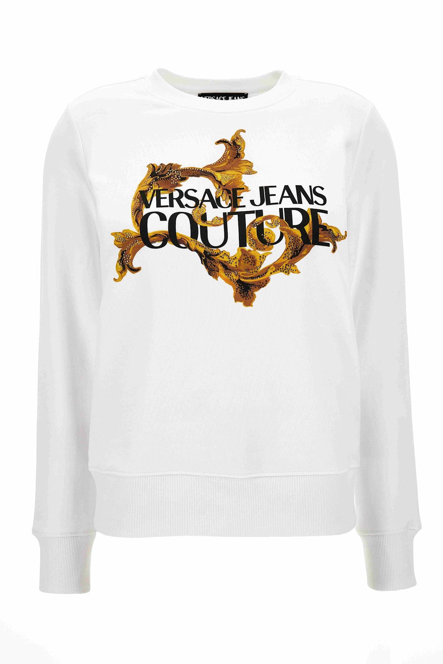 versace jeans couture white cotton crewneck sweatshirt with gold logo