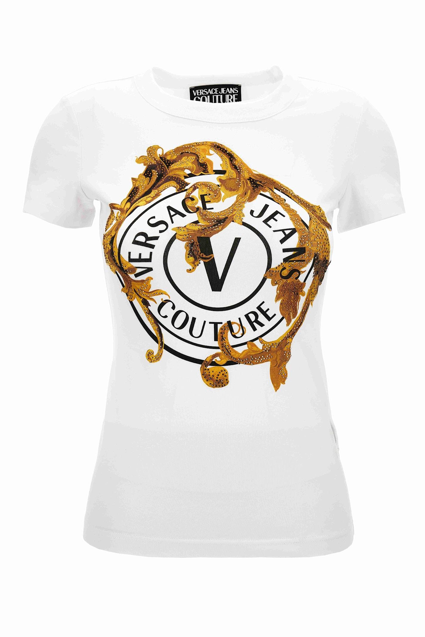 versace jeans couture white t-shirt with baroque print and v-emblem logo