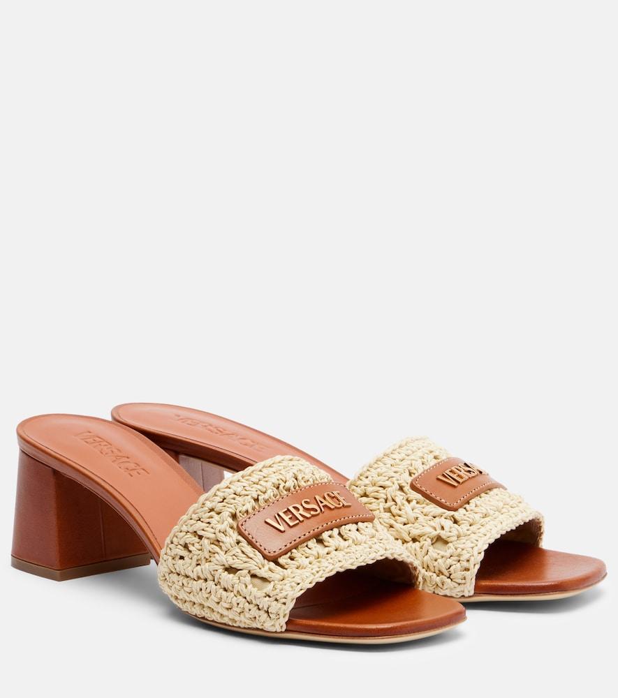 versace logo raffia and leather mules
