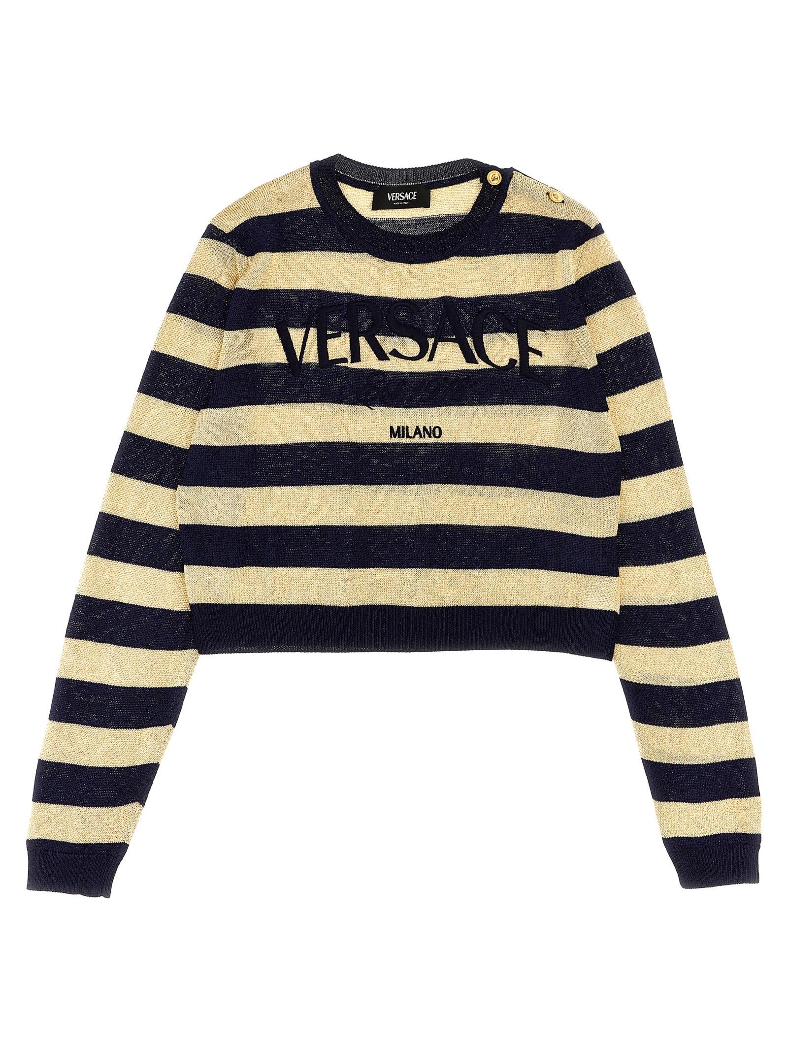 versace lurex striped sweater with logo embroidery