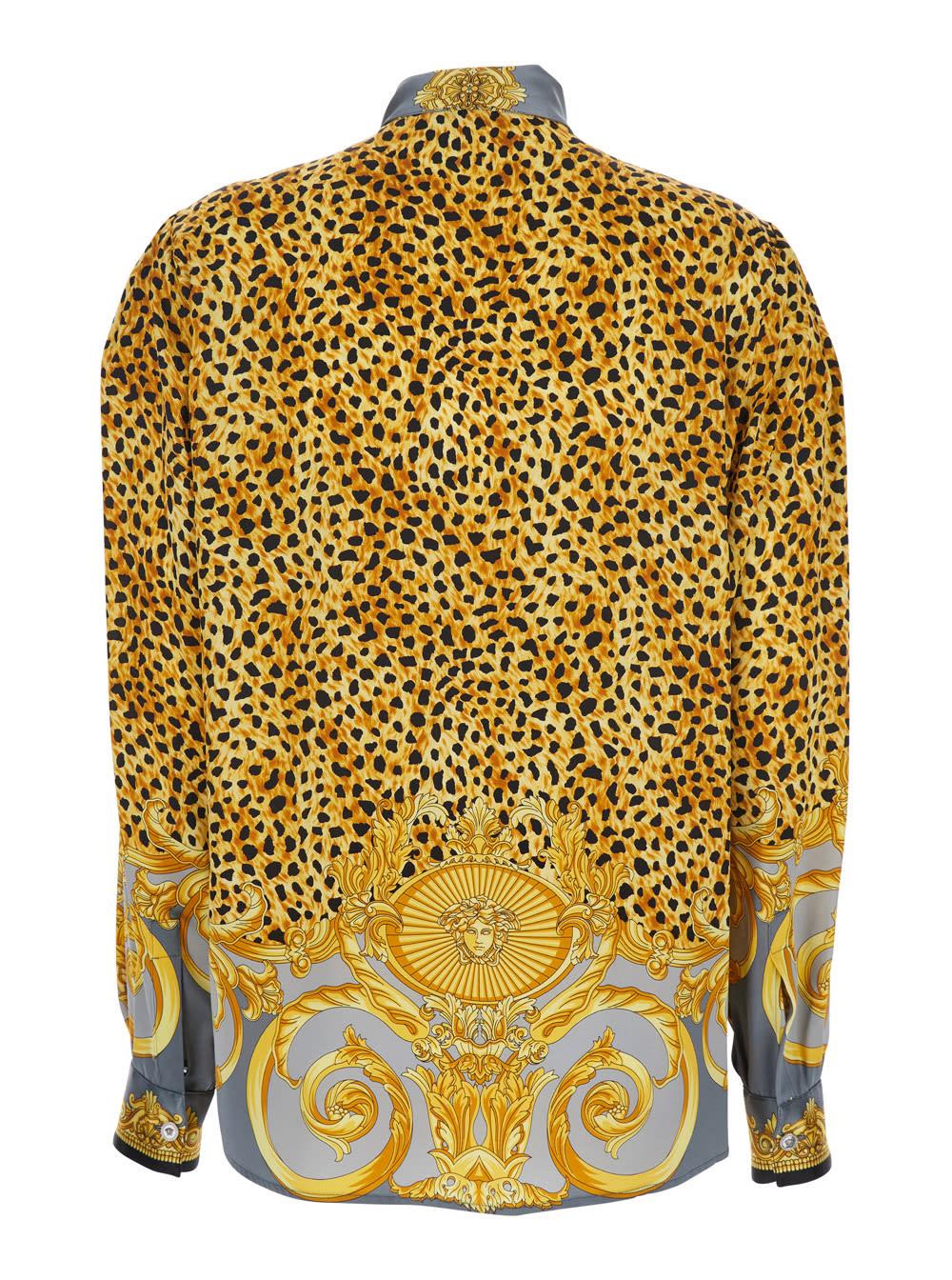 versace multicolor shirt with pussybow collar and leopard motif in silk woman