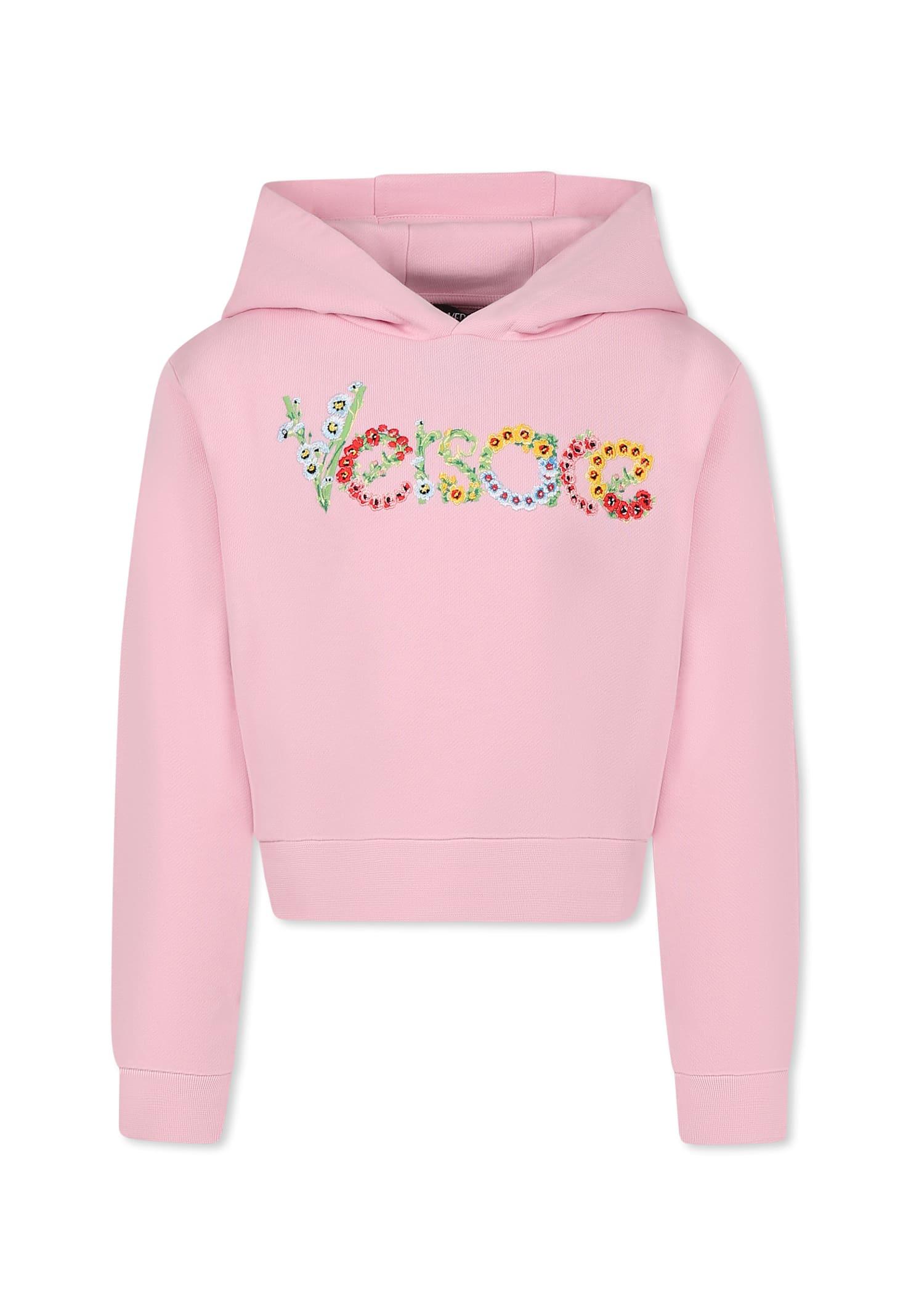versace pink crop sweatshirt for girl with embroidered flower logo