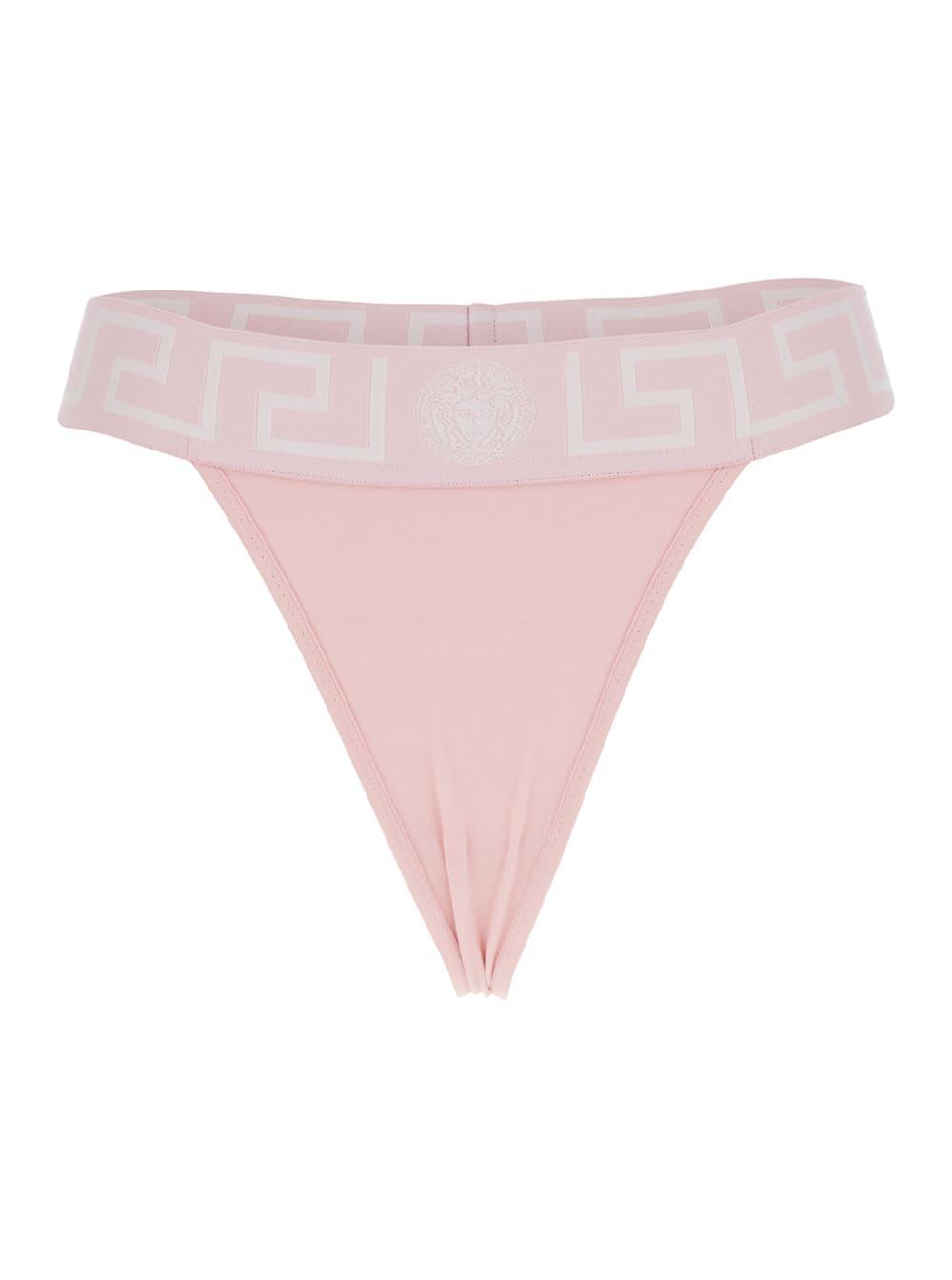 versace pink thong with baroque logo and medusa in cotton women