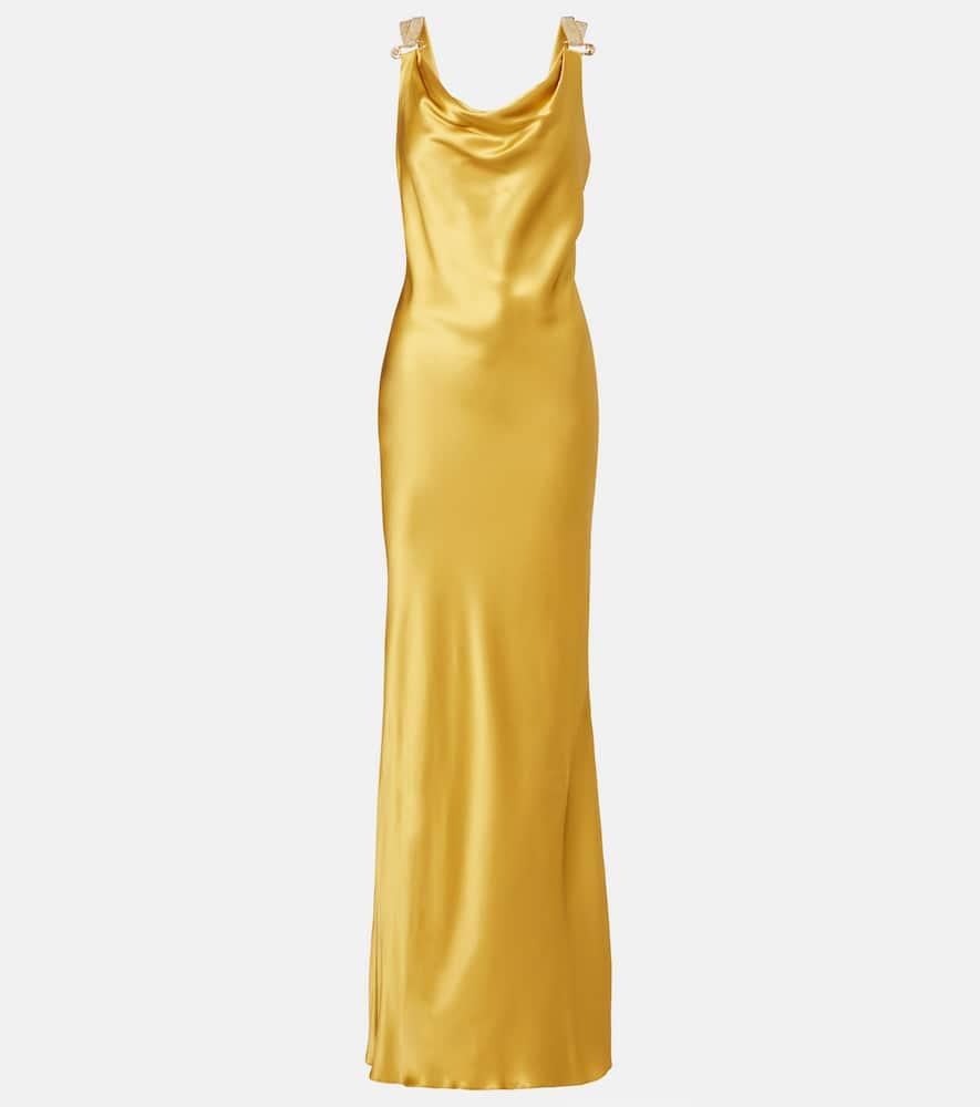 versace safety pin embellished silk satin gown