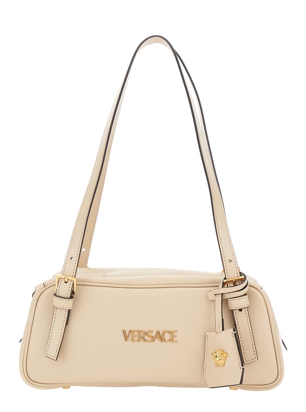 versace white tag bowling shoulder bag with metallic lettering logo and medusa head pendant in leather for women