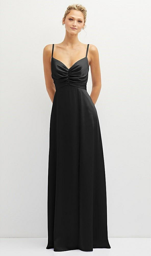 vertical ruched bodice satin maxi dress with full skirt