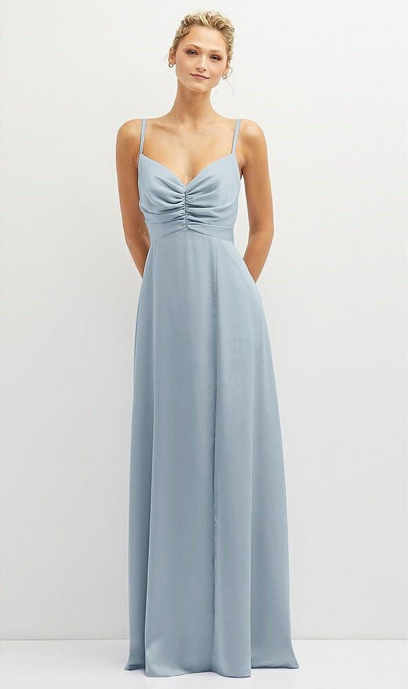 vertical ruched bodice satin maxi dress with full skirt