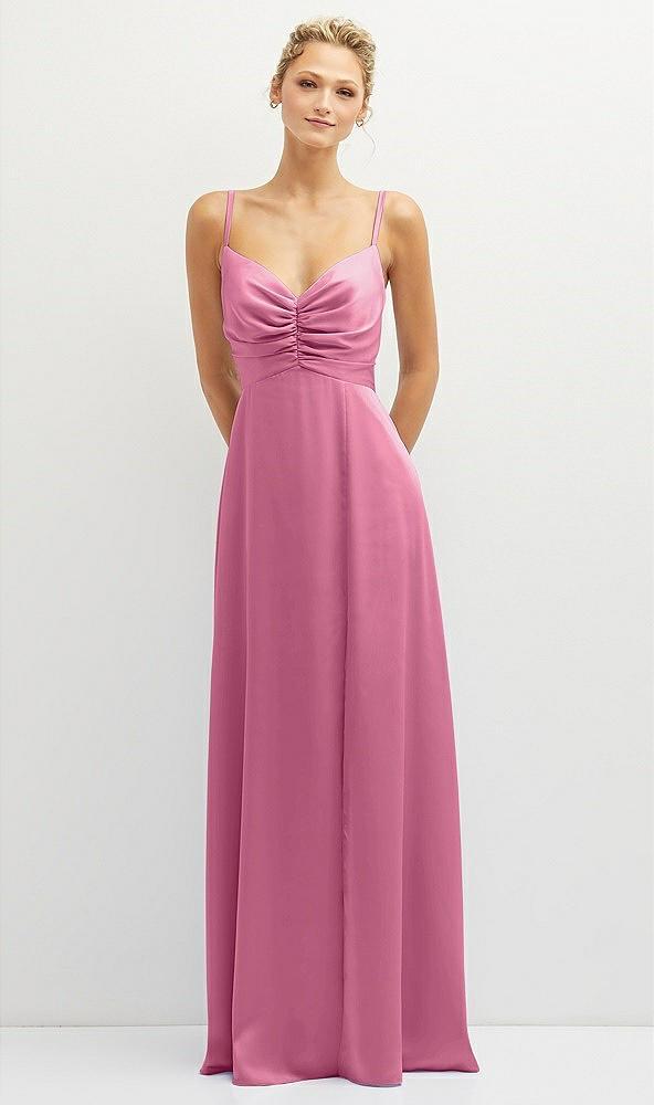 vertical ruched bodice satin maxi dress with full skirt