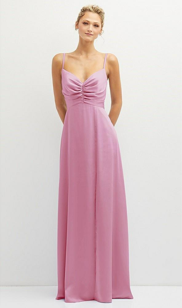 vertical ruched bodice satin maxi dress with full skirt