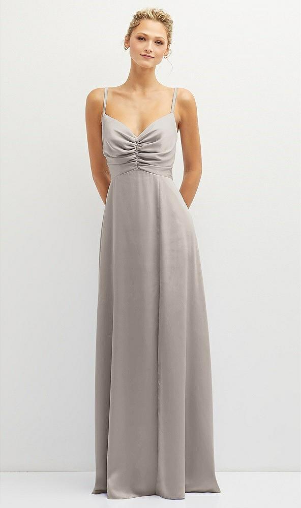 vertical ruched bodice satin maxi dress with full skirt